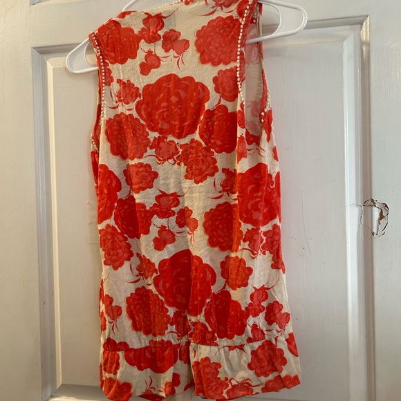 Anthropologie Red and Cream Floral Sleeveless Top with Flower Applique - Picture 3 of 3